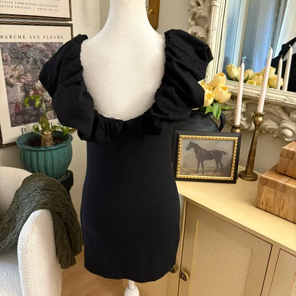FREE PEOPLE BEACH Talia Puff Sleeve Mini Dress Size Medium Ribbed Black‎ - Image 4