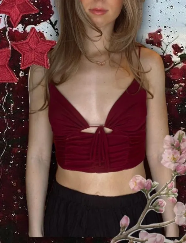 Urban Outfitters Wine Red Ruched Crop Top - Image 2