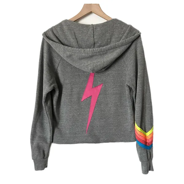 Aviator Nation Bolt Stitch Chevron Stripes Split Neck Crop Hoodie Gray Medium - Image 2