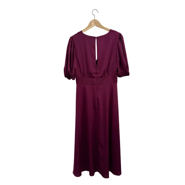 Alexa Admor Plum Burgundy Satin V-Neck Puff Sleeve Midi Dress Size 6 - Image 3