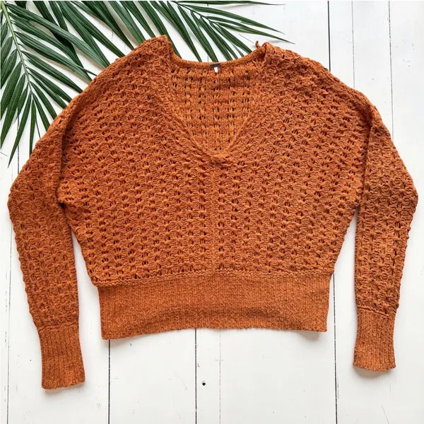 Free People Orange Open Knit Slouchy V-Neck Sweater Boho Oversized (READ) - Image 8