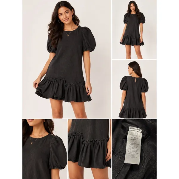 TCEC Washed Black Cotton Puff Sleeve Ruffle Drop Hem‎ Mini Dress S CD02190 - Image 2