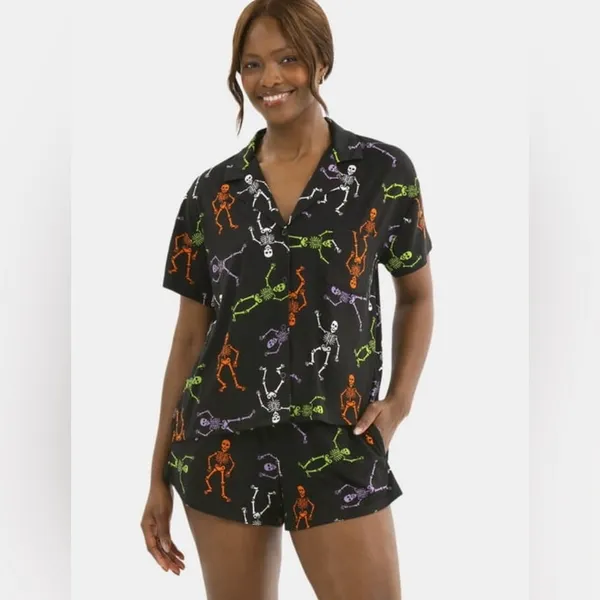 WAY TO CELEBRATE Womens PJ Shorts Set Size Large 12-14 Skeleton theme Black New - Image 3
