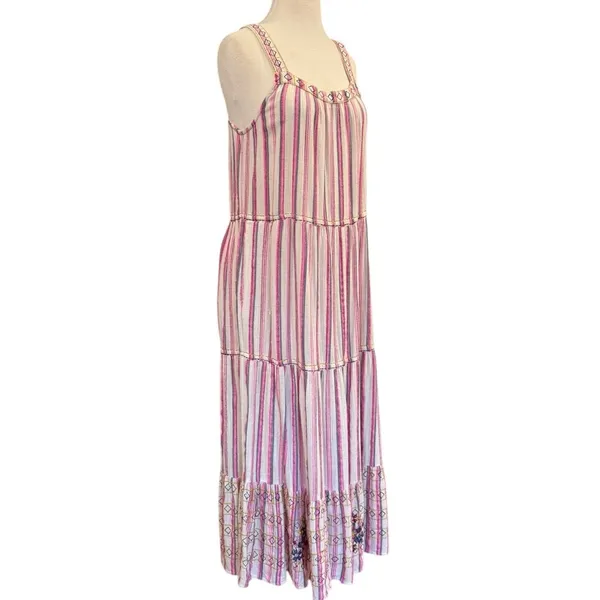 Sundance Veria Midi Tiered Pockets Striped Embroidered Sleeveless Boho Medium - Image 3