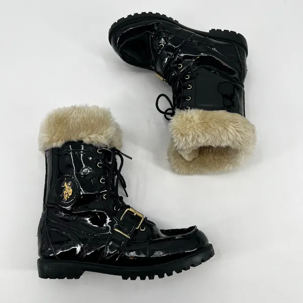 US Polo Assn Madison patent Black & Cream Faux Fur Lined Boots lace up logo 6.5 - Image 3