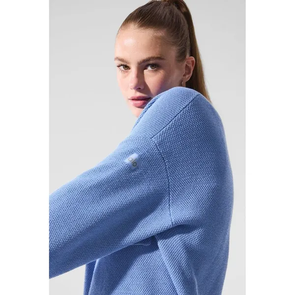 ALO Yoga Tennis Club Sweater Knit Cardigan Crystal Clear Blue/White Sz L Preppy - Image 3