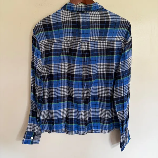 Aerie Blue Plaid Flannel Button Down Shirt Long Sleeve Small Boxy Fit - Image 7