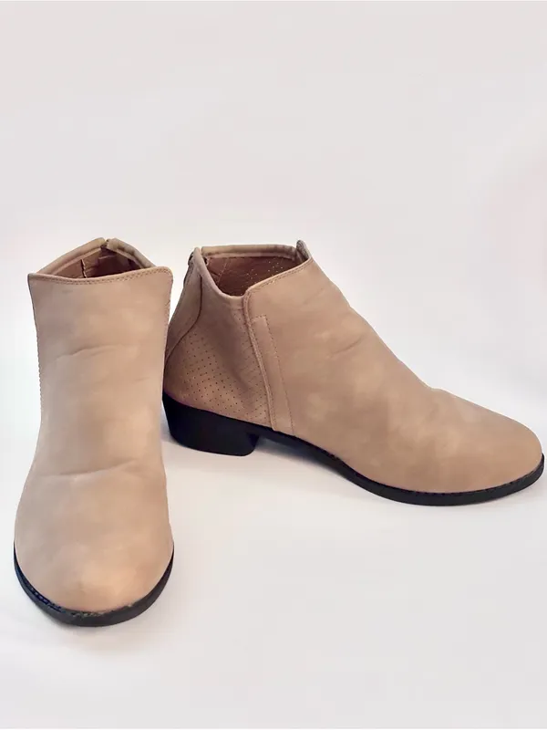 Women's Beige Suede-Look Ankle Booties with Low Block Heel - Image 4