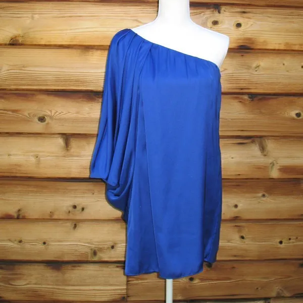 Aidan Mattox Blue One Shoulder Drape Dress - Image 3