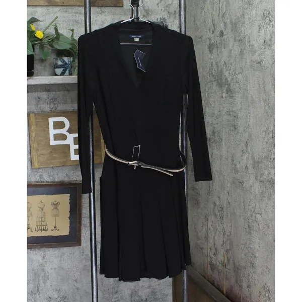 NWT Tommy Hilfiger Pleated V Neck Fit Flare Long Sleeved Knit Midi Dress Black 4 - Image 5