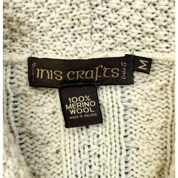 Womens Inis Crafts Size M Cottage Ireland Ivory Merino Wool Cardigan Sweater - Image 3