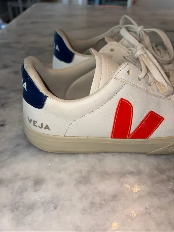 Veja White Leather Sneakers with Red V and Navy Heel - Image 2