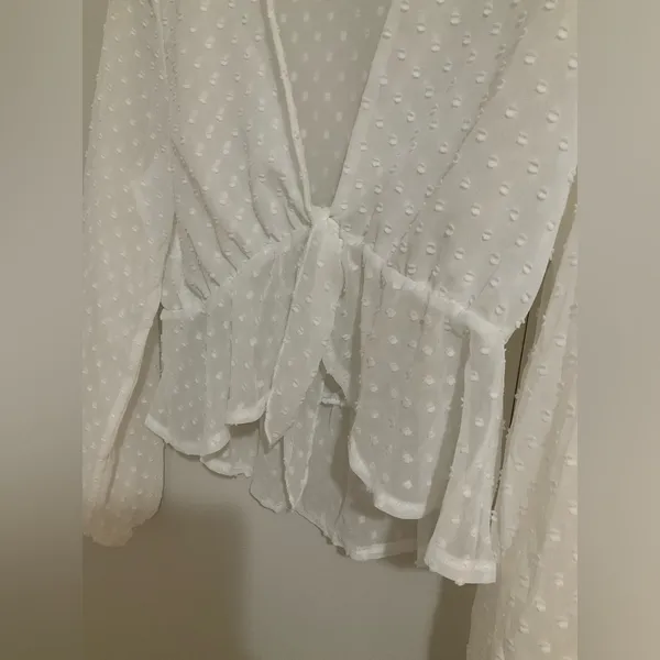V-neck Tie Front Long Sleeve Crop Chiffon Blouse - Image 3