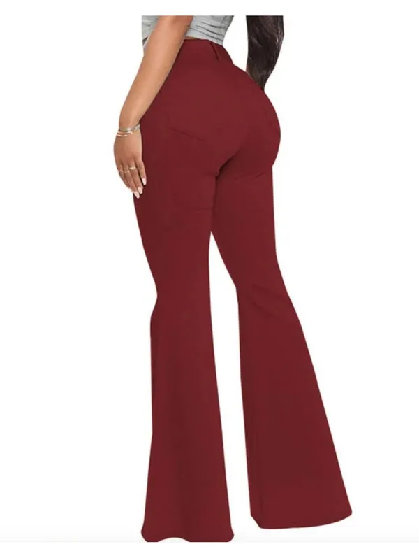 (RFB3) High Waist Flare Jeans Burgundy Size Large Butt Lift Stretch Denim Pants - Image 2