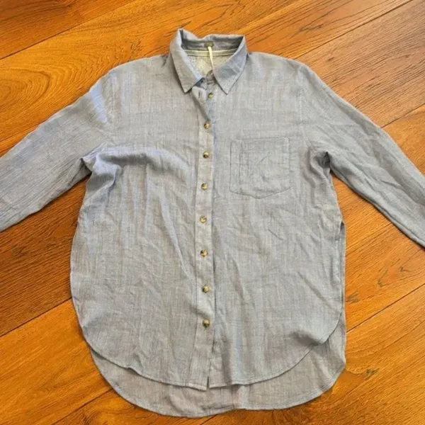 Free People Thats a Wrap Shirt in Chambray Combo Blue - Image 8