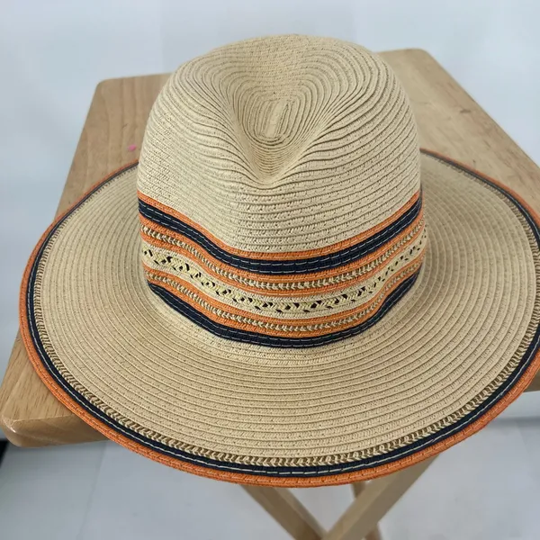 Lane Bryan Stylish Tan Wide-Brim Hat with Orange and Black Accents - Image 3
