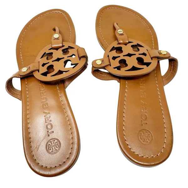 Tory Burch Miller Sandals Women Size 9 Tan Cognac Leather Thong Flats - Image 4