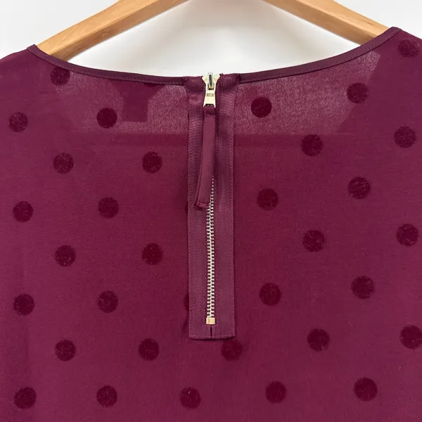 Ann Taylor Womens Medium Burgundy Velvet Polka Dot 3/4‎ Sleeve Blouse Back Zip - Image 3