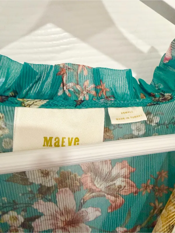 Anthropologie Maeve Teal Floral Chiffon Ruffle Mini Dress Boho Romantic XS - Image 3