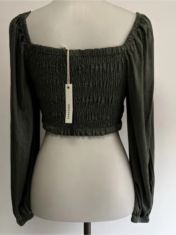 Crescent Medium Olive Smocked Linen Blend Crop Top Peasant Cottagecore Bohemian - Image 5