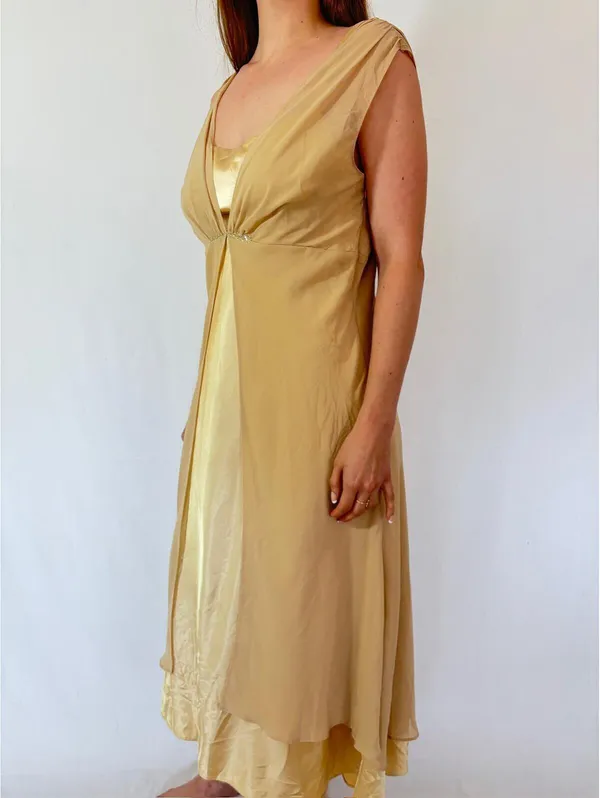 Nude Cream Shimmery Embellished Mesh Overlay Vintage Princess Dress - Image 2