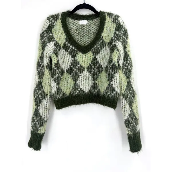 Lovers and Friends Tanessa Argyle Sweater Womens XS Green Fuzzy Knit Preppy Wool - Image 2