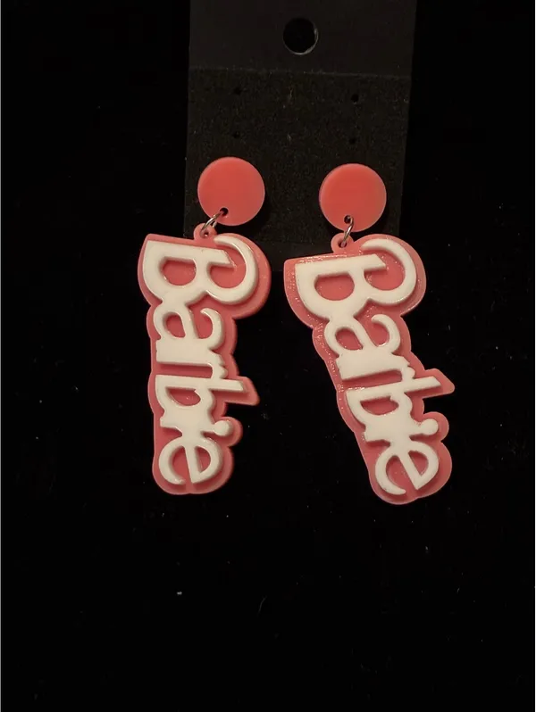Retro Pink Barbie Script Dangle Earrings, Y2K Girly Logo Novelty Drop Jewelry - Image 2