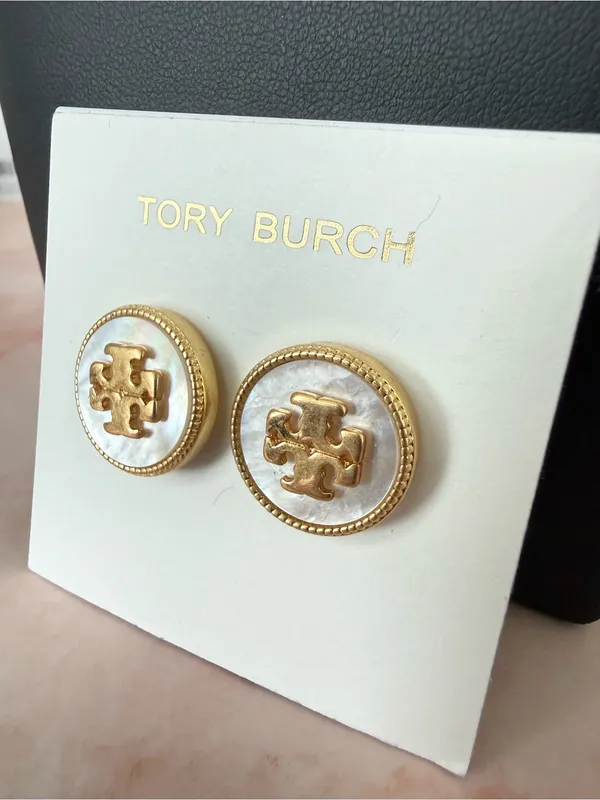 Tory Burch | Gold Plated & Mother of Pearl Logo Button Stud Earrings - Image 3