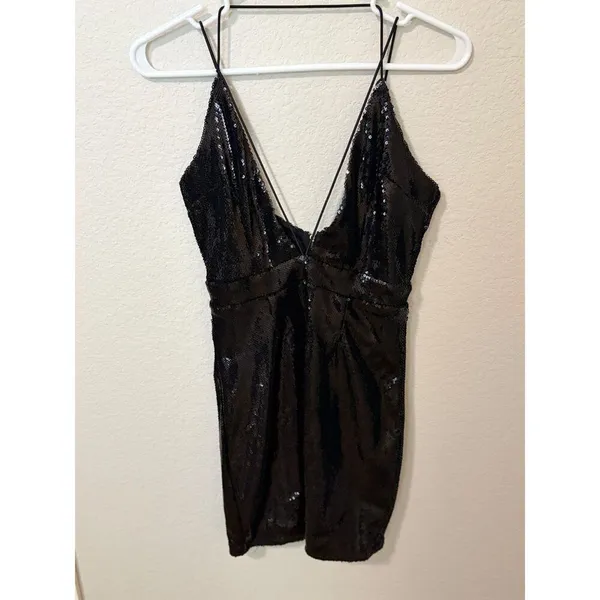 PrettyLittleThing Black Sequin Plunge Mini Dress Size 2 - Image 2
