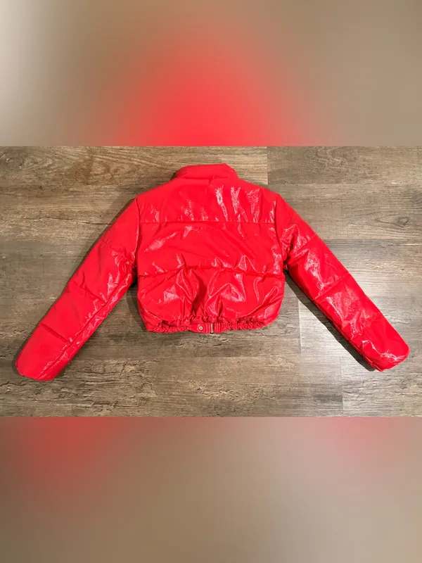 Ambiance Red Shiny Puffer Jacket - Women's Short Coat - Image 4