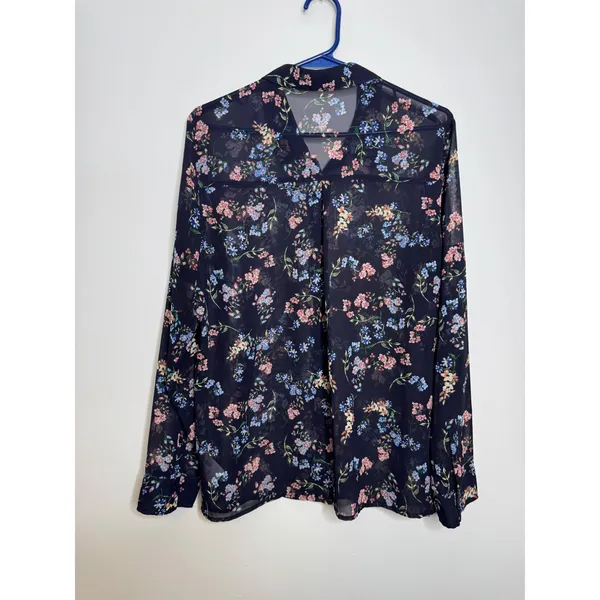 Express Portofino Shirt Womens L Navy Blue Excellent Floral Chiffon Button Down - Image 3