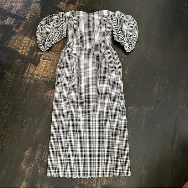 New Sayaka Davis Off Shoulder Cream Black Check Plaid Puff Sleeve Dress 2 NWT - Image 2