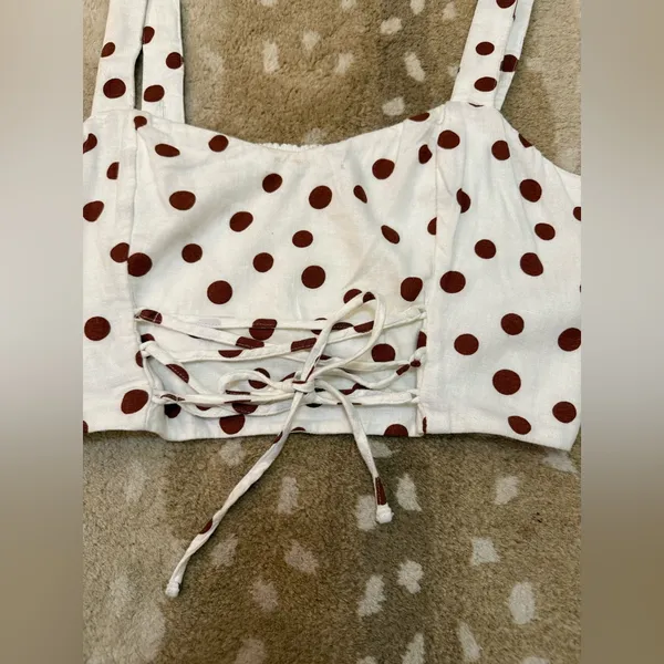 Abercrombie & Fitch BNWOT white brown polka dot crop front tie tank top women L - Image 5