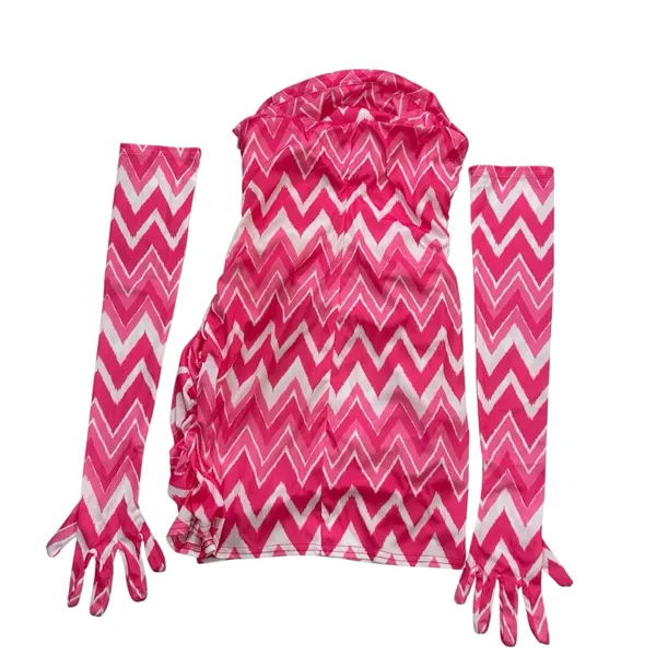 Miscreants Pink Zig Zag Strapless Mini Dress w Matching Gloves US 10/ UK 12 - Image 4