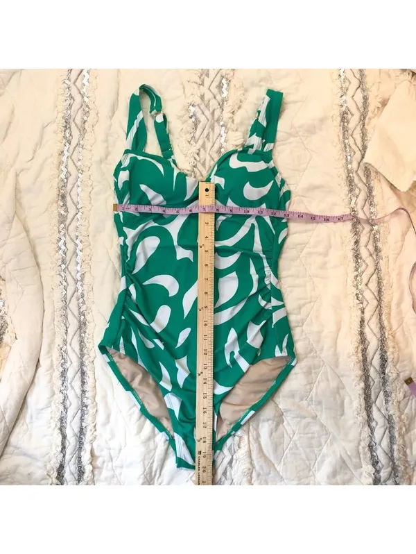 Shade & Shore NWT Women's One Piece Swimsuit Green White Leaf Shirred M (8/10) - Image 3