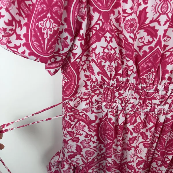 Entro Pink Damask Print V-Neck Smocked Mini Dress Small Vibrant Festival Girly - Image 4