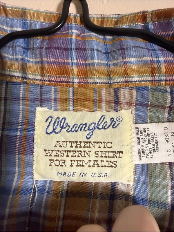 Wrangler 80s Wrangler blue, metallic, brown, and white plaid western shirt - Image 3