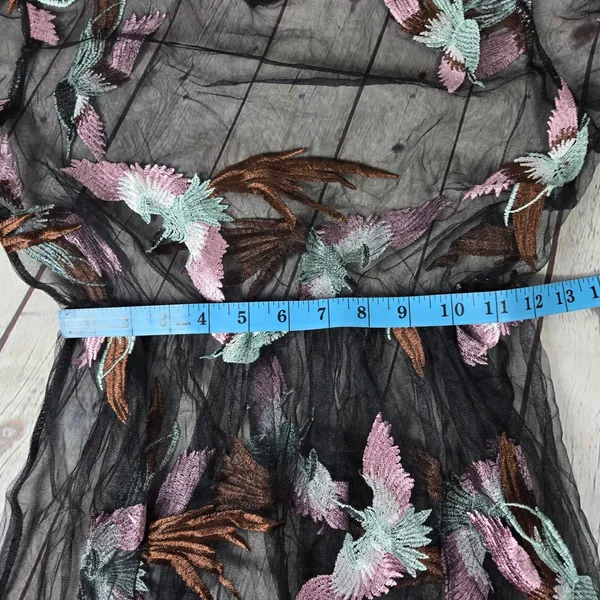 Sheer Black Embroidered Bird Midi Dress Women's Mesh‎ Long Sleeve Keyhole Button - Image 6