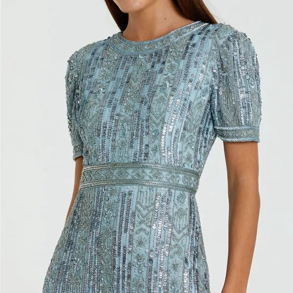 Mac Duggal 5980 Blue High Neck Short Sleeve Crystal Fringe Column Dress - Image 4