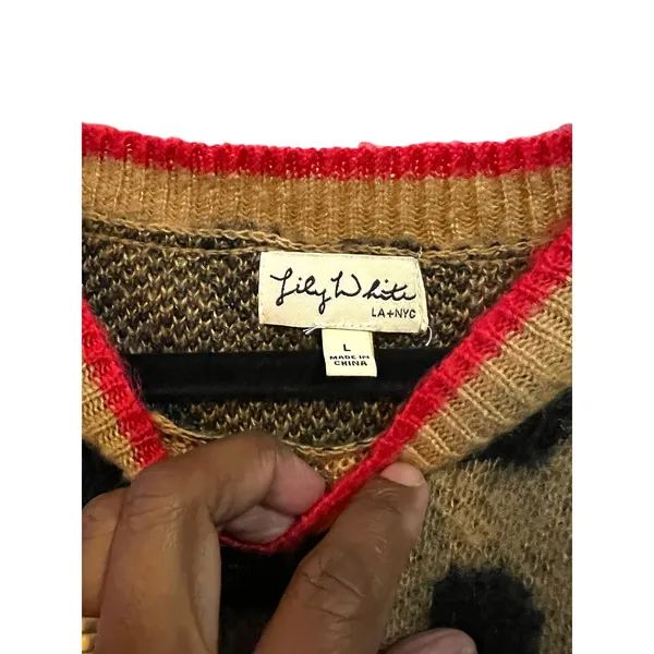 Lily White Women's Sweater Dress Tan Black Leopard Print Red Trim - Size Large - Image 4