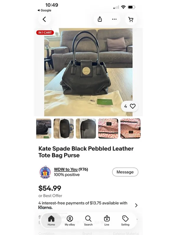 Kate Spade Black Pebbled Leather Tote Bag Purse - Image 5