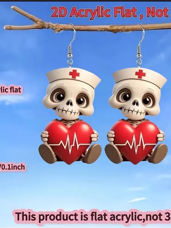 ❤️‍🩹❤️‍🩹❤️‍🩹3 for 12$❤️‍🩹❤️‍🩹❤️‍🩹Cute Nurse Skull Heart Earrings - Red - Image 2