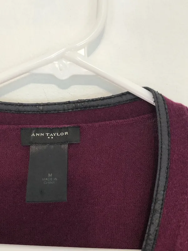 ANN TAYLOR Plum Purple Vegan Faux Leather Trim Button Down Cardigan Sweater M - Image 8