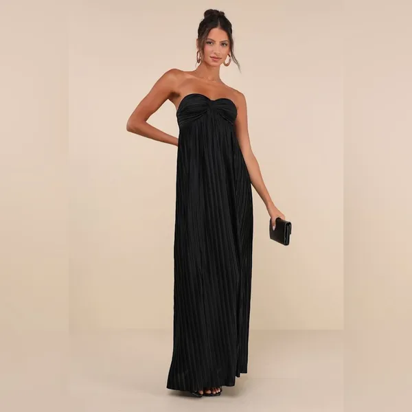 LULU’S Whimsical Beauty Black Satin Plisse Strapless Maxi Dress - Image 6