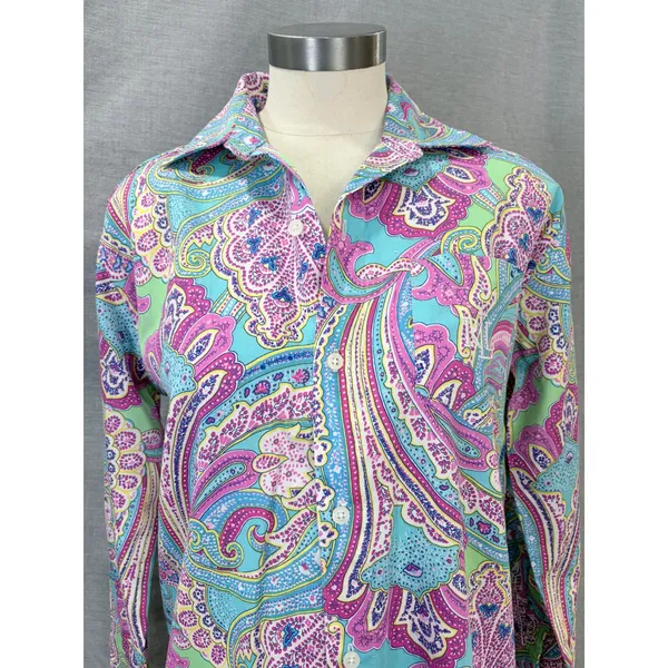 Lauren Ralph Lauren Paisley Shirt Dress 100%‎ Cotton XS/XP Turquoise Pink Tunic - Image 2