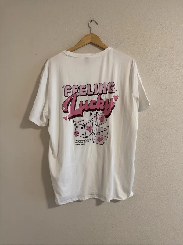 SheIn White Tee with Pink "Feeling Lucky" Graphic - Image 3