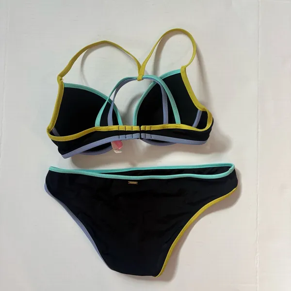 Victoria's Secret BIKINI black purple teal Racerback Top 34D Bottoms Large - Image 2