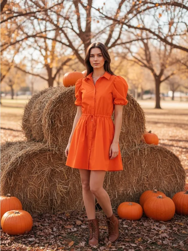 Deluc Gasus Orange Puff Sleeve Mini Shirt Dress Fall Autumn Size M - Image 7
