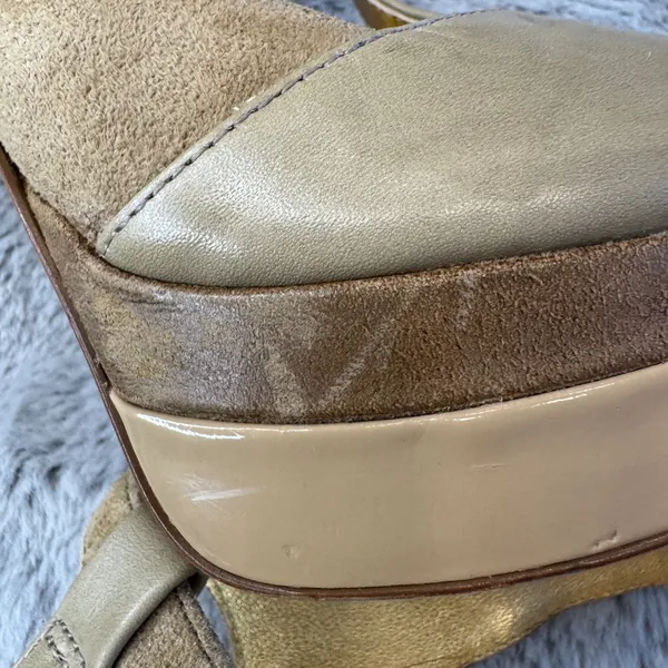 Jessica Simpson‎ Tan Gold Suede Patent Platform T-Strap Peep Toe Heels 7.5B - Image 9