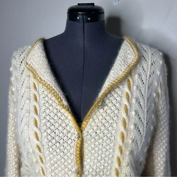 Hand Knit Cream Cable Knit Textured Cinched Waist Button Front Cardigan - Image 5